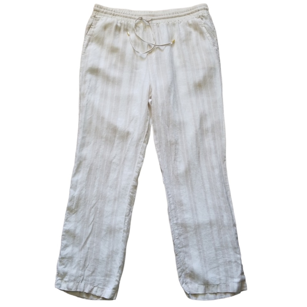 Ellen‎ Tracy Women's White Tan Linen Striped High Rise Boho Pants Size: Large